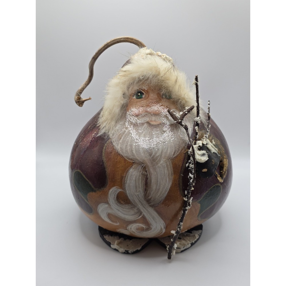 PRIMITIVE Hand Painted FOLK ART Gourd CHRISTMAS SANTA, Missing Arm